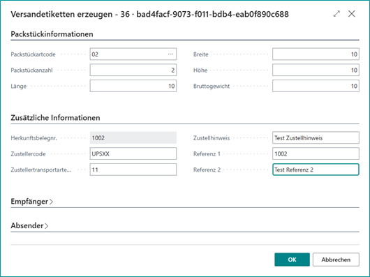 Eingabemaske um Versandetiketten zu erzeugen