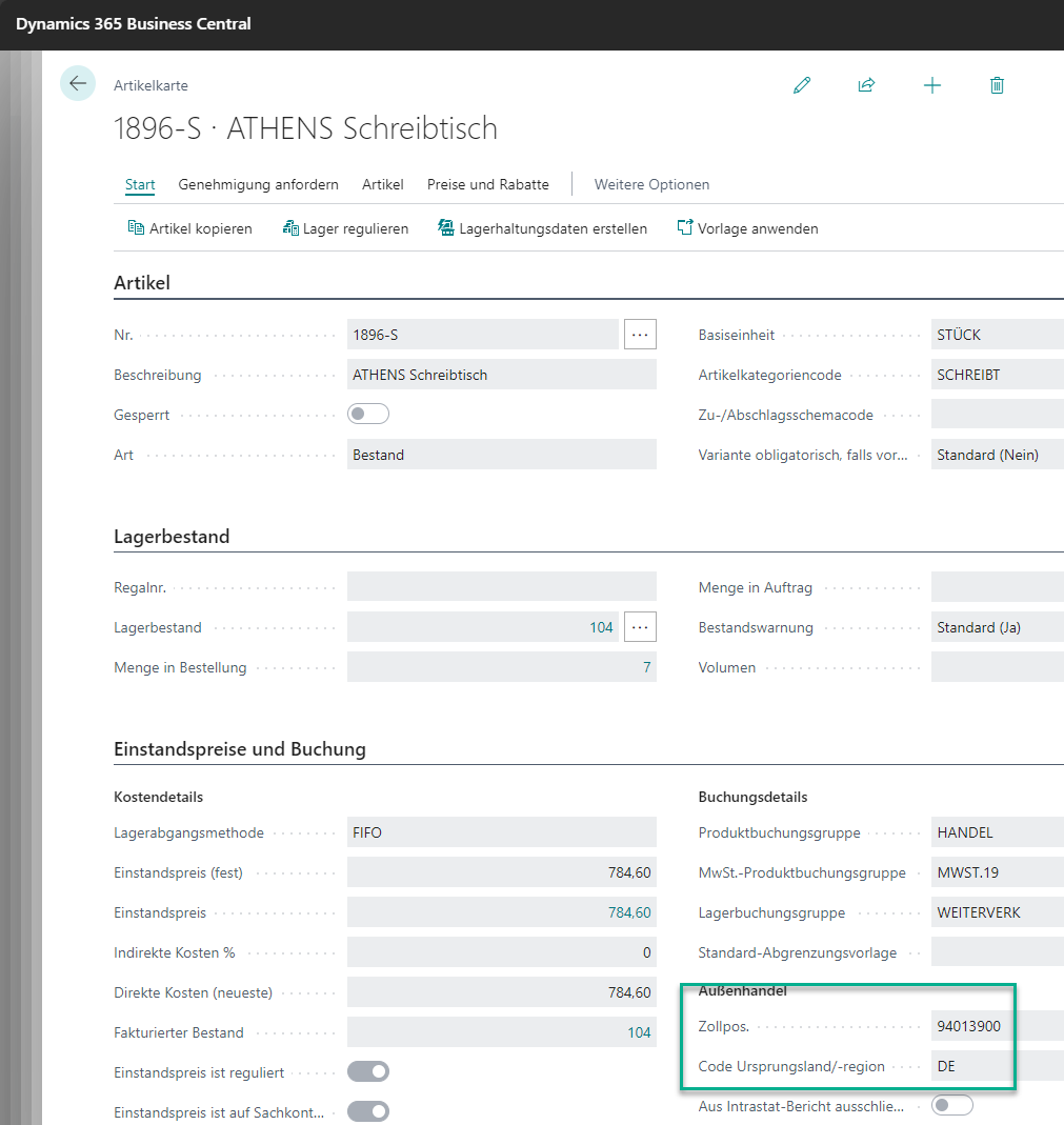 Felder Außenhandel auf Profilkarte