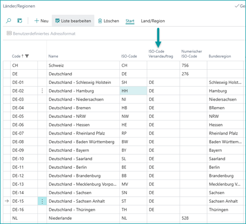 ISO-Code Versandauftrag in der Liste "Längder/Regionen"