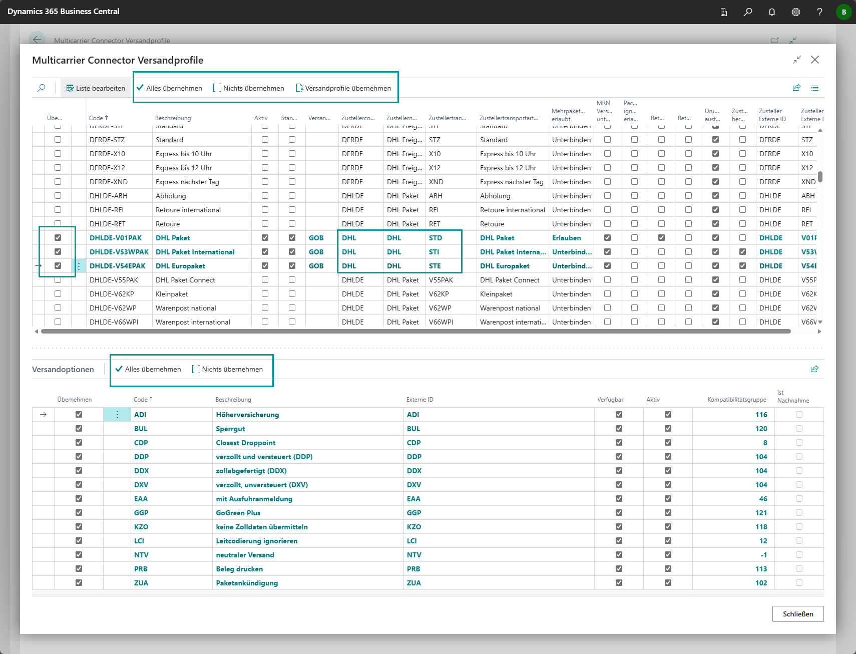 Versandprofile auswählen
