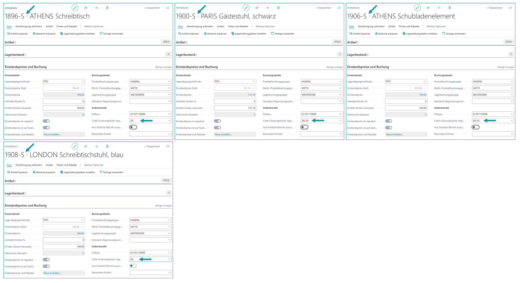 Verschiedene Artikelkarten mit Ländercodeauswahl