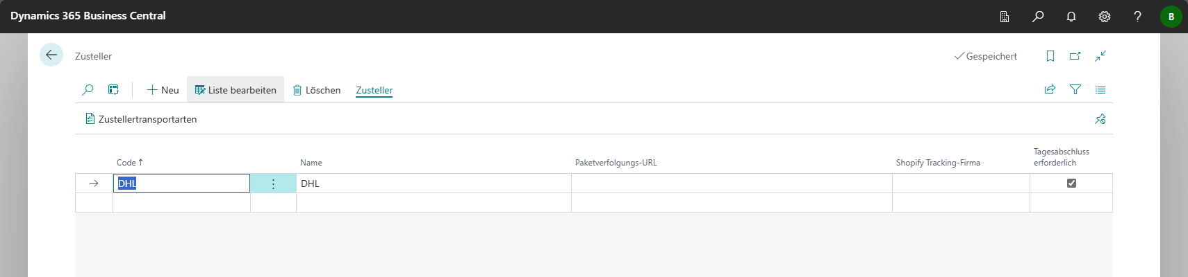 Liste der konfigurierten Zusteller in Business Central