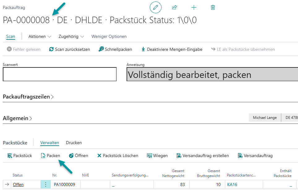 Packauftrag mit einer Lieferadresse ohne Hausnummer als Ausgangslage