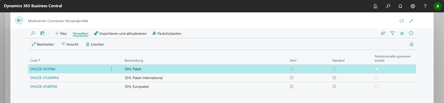 Übersicht der Versandprofile mit DHL-Services in der Listenansicht