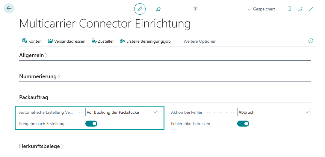 Globale Einrichtung der Felder Automatische Erstellung Versandauftrag zu Packauftrag und Freigabe nach Erstellung in der Multicarrier Connector Einrichtung