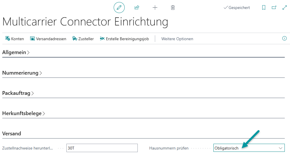 Einrichtung mit der Option Hausnummern prüfen = Obligatorisch