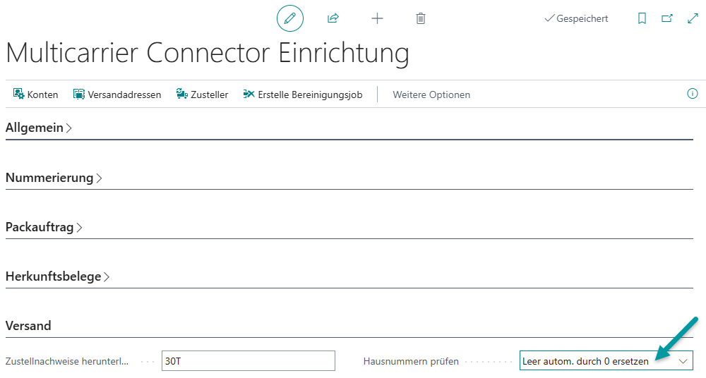 Einrichtung mit der Option Hausnummern prüfen = Leer autom. durch 0 ersetzen