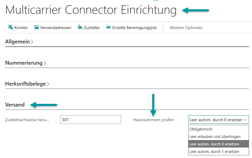 Multicarrier Connector Einrichtung – Register Versand