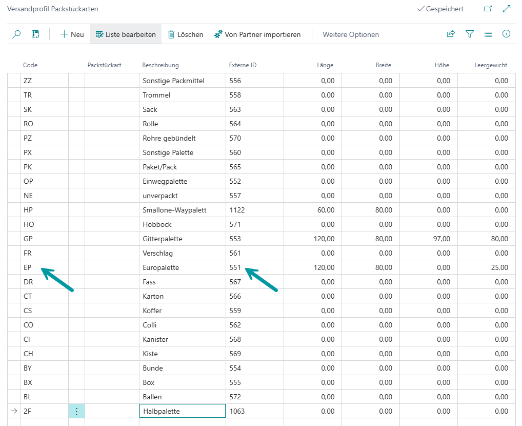 Versandprofil Packstückarten