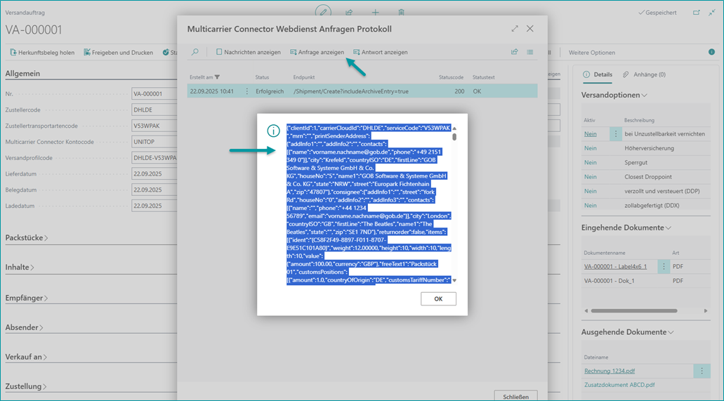 Multicarrier Connector Webdienst Anfragen Protokoll: Codeblock