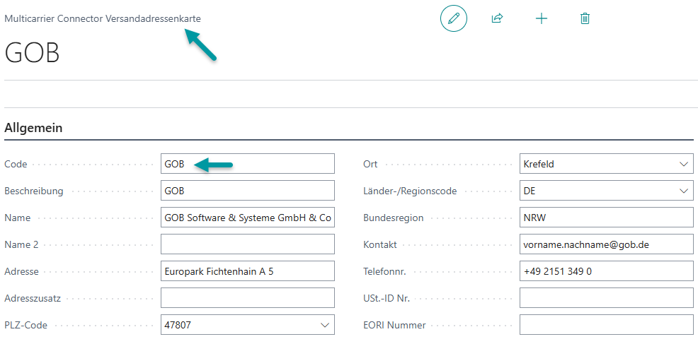 VK-Auftrag mit eingetragenen Absenderinformationen vor der Versandauftragserzeugung