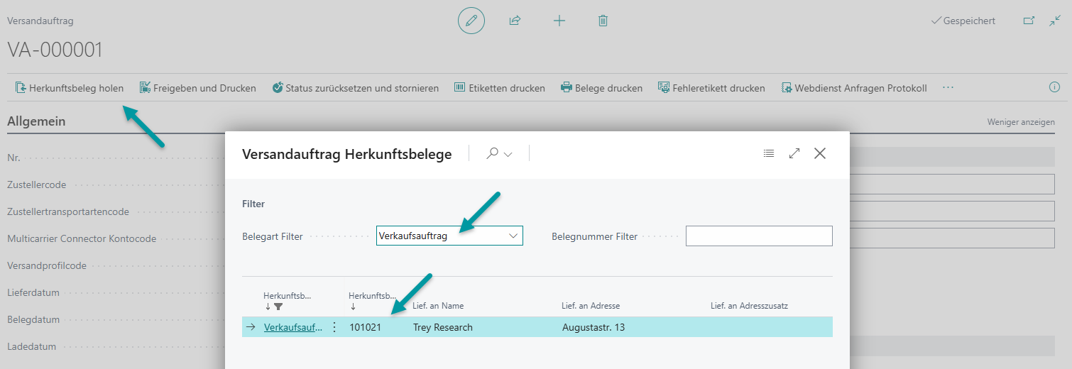 Versandauftrag mit korrekt gefüllten Absenderfeldern nach der Übernahme aus dem VK-Auftrag