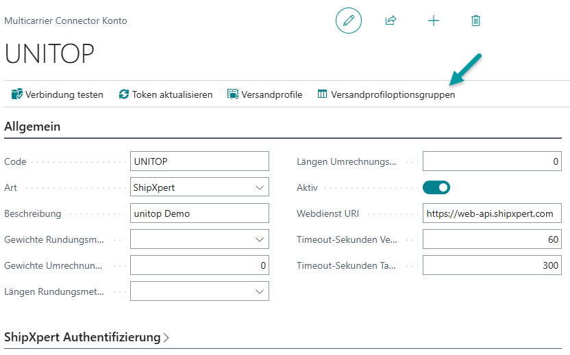 Multicarrier Connector Konto mit Versandprofiloptionsgruppen