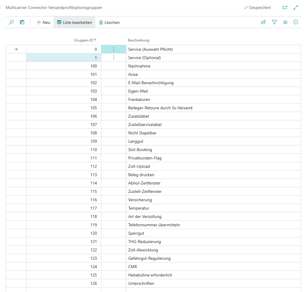 Versandprofil mit eingeblendeter Kompatibilitätsgruppe und zugehöriger Beschreibung aus der Versandoptionsgruppeneinrichtung