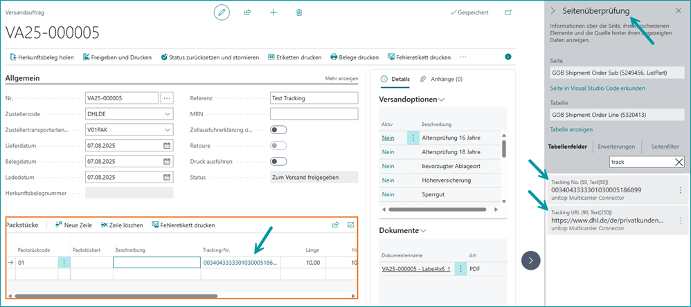 Tracking-Link im Versandauftrag