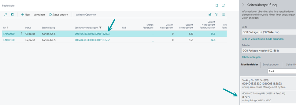 Sendungsverfolgungsnr. in der Liste der Packstücke - Leer