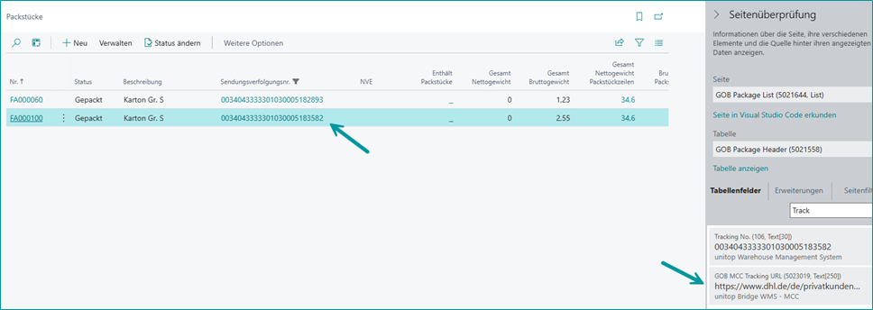 Sendungsverfolgungsnr. in der Liste der Packstücke