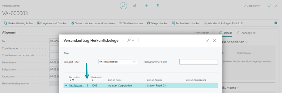 Gefilterte Maske für VK-Reklamationen – Beleg auswählen