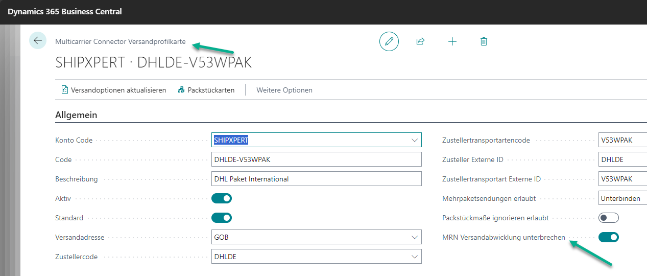 Versandprofilkarte Einrichtung MRN