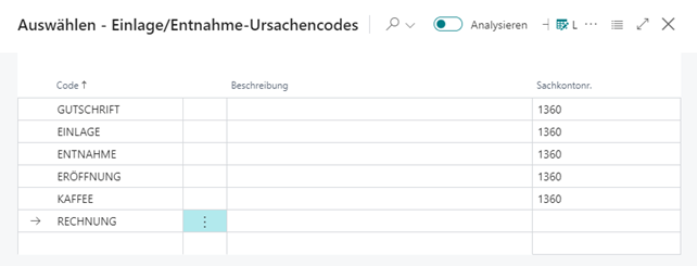 Einlage Entnahme Ursachencodes