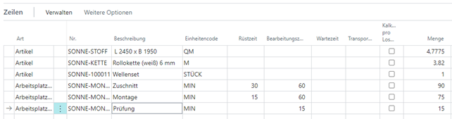 Artikelzeilen: Mehrere Datensätze mit Artikel- und Arbeitsplatzinformationen