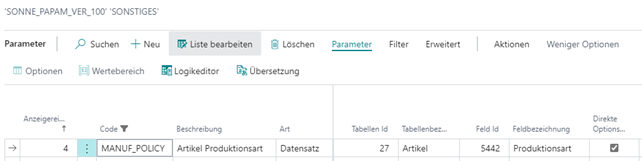 Paramaterangaben für dieses Beispiel