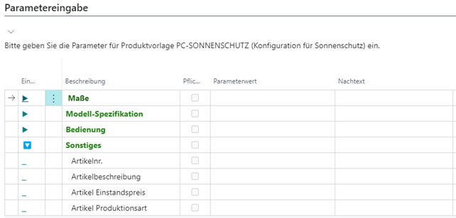 Paramaterangaben für dieses Beispiel