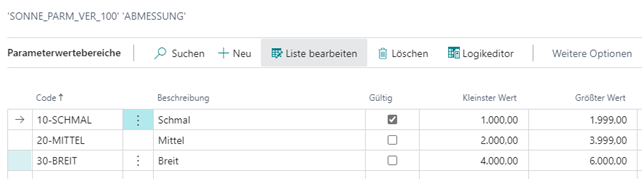 Parameterwertbereiche