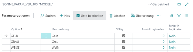 Parameteroptionen gelb grau und weiß