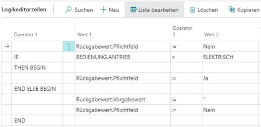 Logikeditorzeilen: zeigt verschiedene Operatoren und Wertangaben