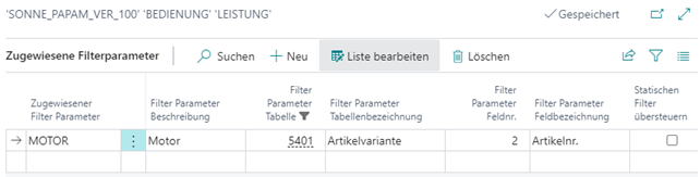 Zugewiesene Filterparameter