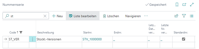 Nummernserie mit dem Code "ST_VER", Beschreibung Startnummer und Angabe als Standardnummer