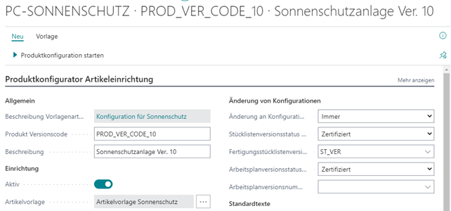 Produktkonfigurator Artikeleinrichtung