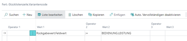 Fert.-Stücklistenzeile, Variantencode Ansicht: Logikeditor mit Werten: Rückgabewert.Feldwert