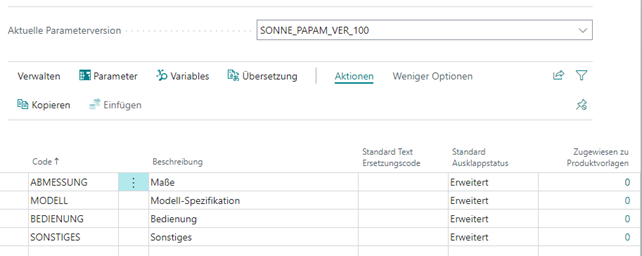 Übersicht aktuelle Parameterversion, Codes Beschreibung, etc.