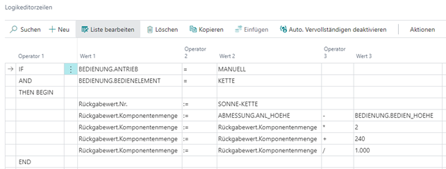 Logikeditorzeilen Fernbedienung