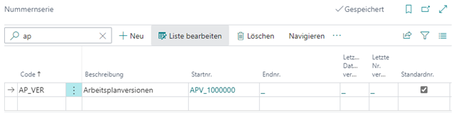 Neue Nummerserie: AP_VER = Arbeitsplanversionen; als Standarnummer gekennzeichnet