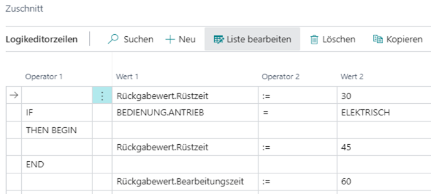 Logikeditorzeilen für den Zuschnitt: Operatoren und Werte