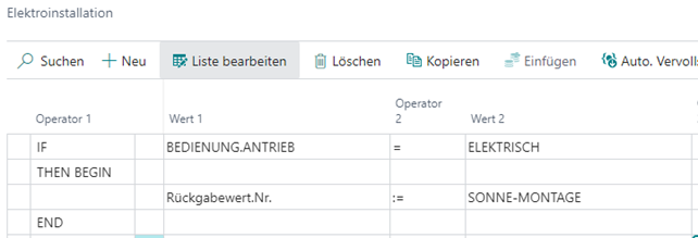 Logikeditorzeilen für die Elektroinstallation: Operatoren und Werte