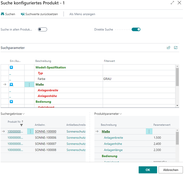 Suchparameter-Ansicht