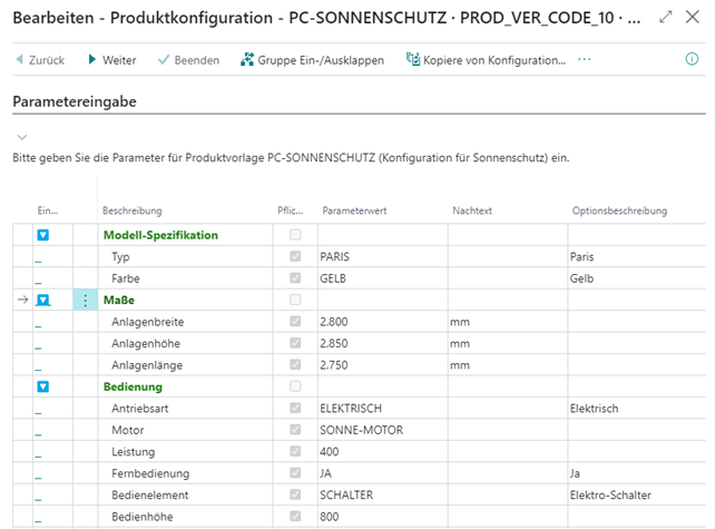 Parametereingabemaske für PC-Sonnenschutz: Konfiguration