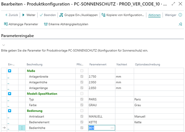Parameterübersicht: Bedienhöhe