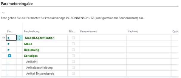 Parametereingaben Sonstiges