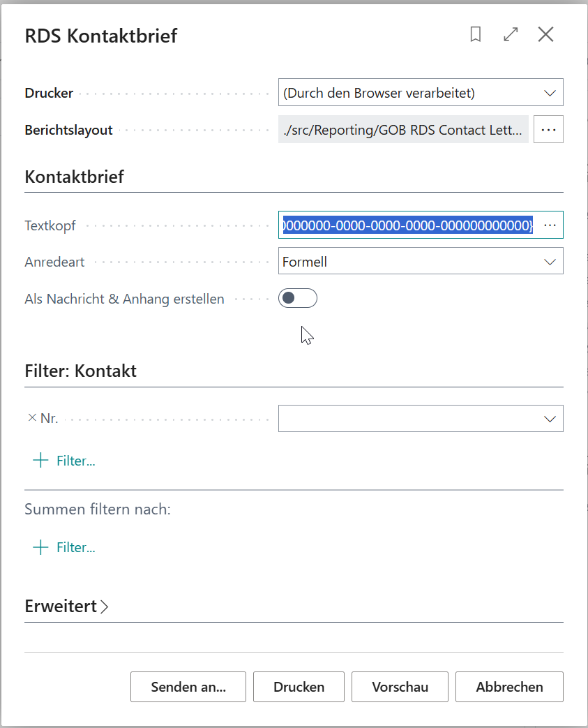 Zeigt die Einrichtungsmaske für den "RDS Kontaktbrief"
