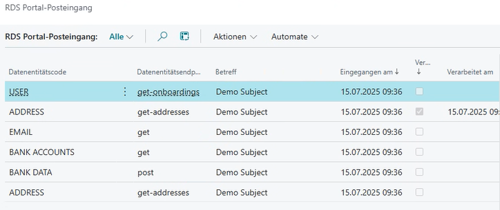 Zeigt den RDS Portal Posteingang mit diversen Datenentitätencodes und weiteren Informationen zum Eingang des Nachricht.