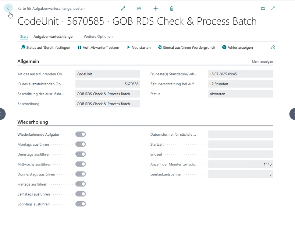 Zeigt die Einrichtung des Aufgabenwarteschlangepostens.