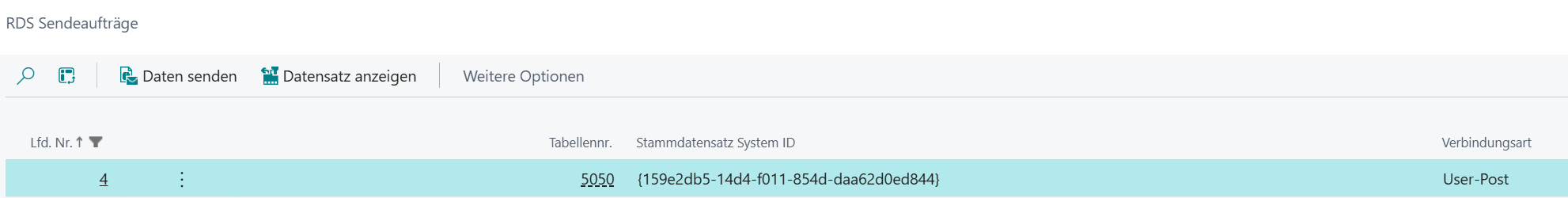 Zeigt einen Datensatz der Liste "RDS Sendeaufträge" inkl. Lfd. Nr., Tabellennr., Stammdatensatz und Verbindungsart.