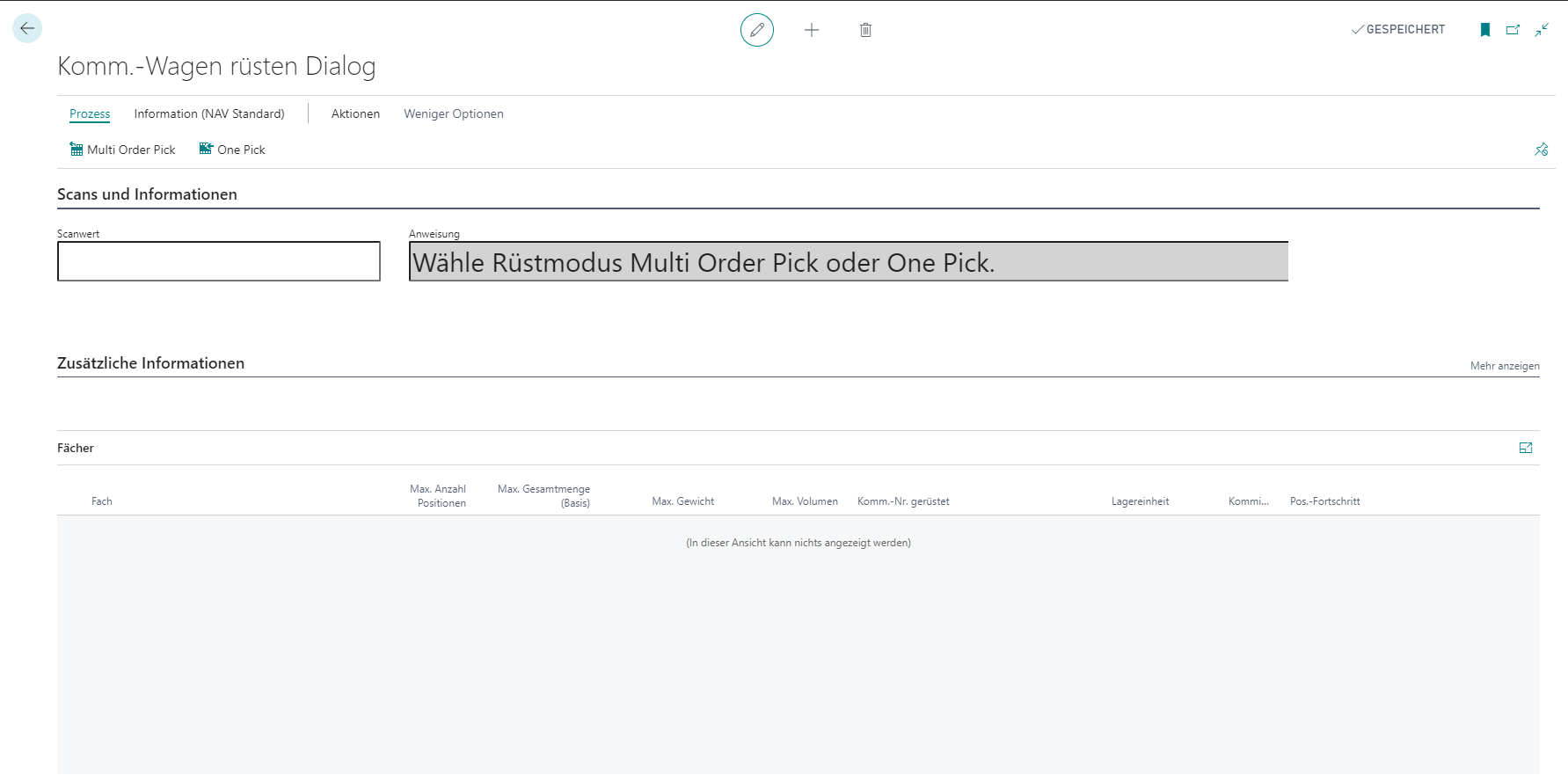 Business Central: Dialog zum Rüsten des Kommissionierwagens - Schritt 1