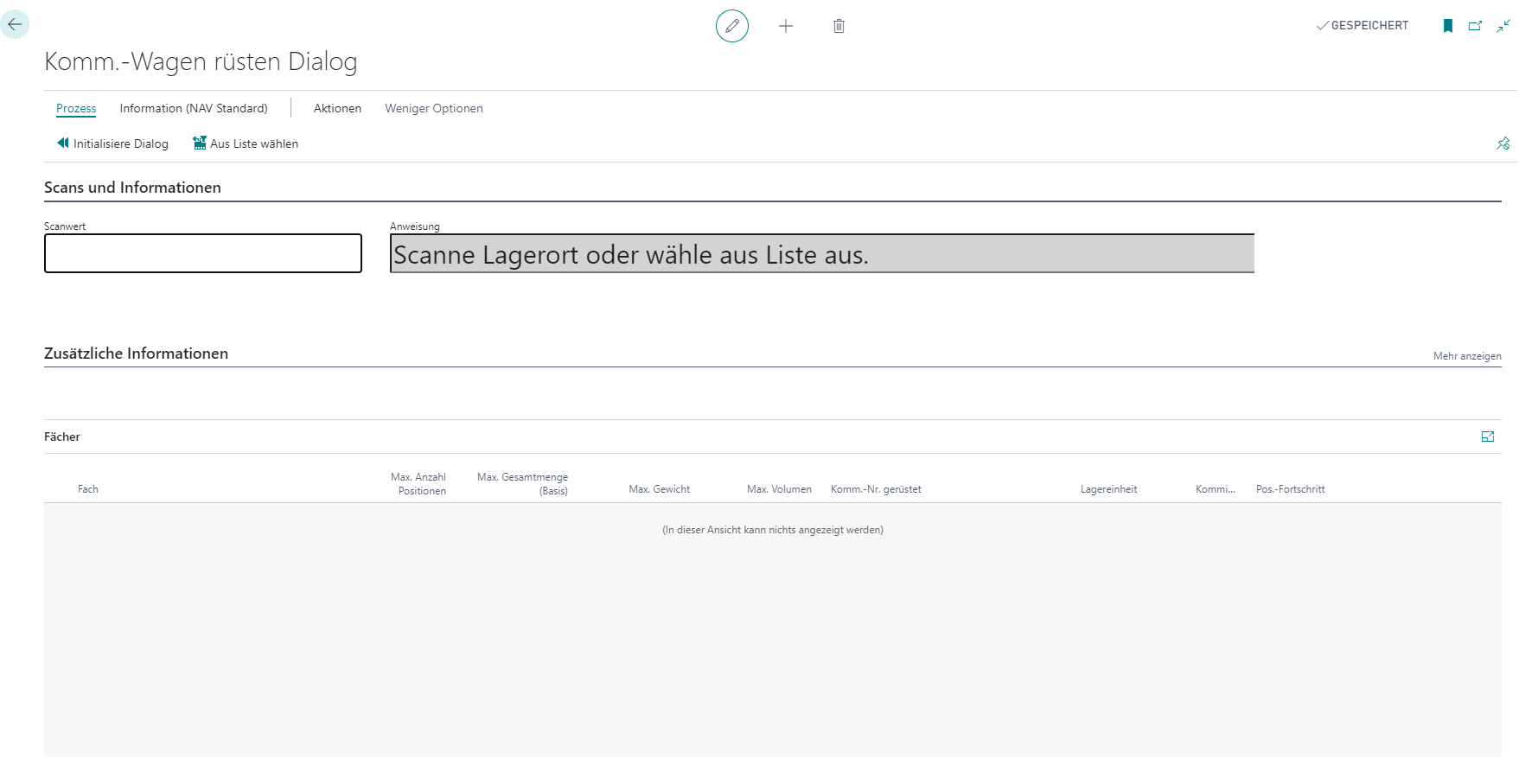 Business Central: Dialog zum Rüsten des Kommissionierwagens - Schritt 2