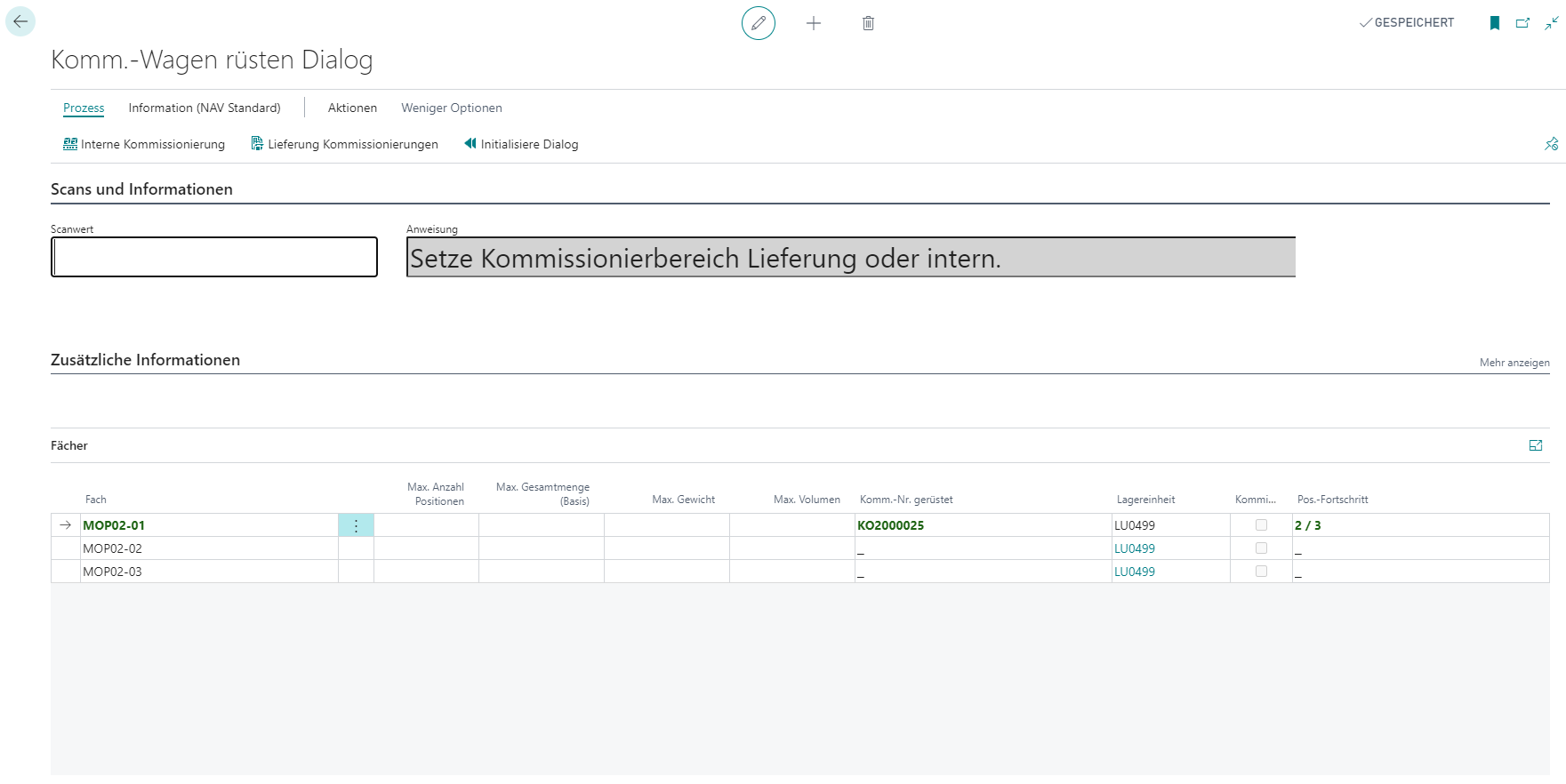 Business Central: Dialog zum Rüsten des Kommissionierwagens - Schritt 4